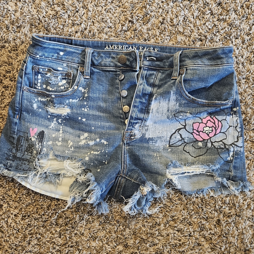 American Eagle Outfitters Blue Distressed Denim Shorts with Pink Floral Accent